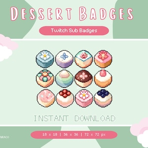 Kawaii Dessert Twitch Badges | Cute Pixel Art Sub Icons | Japanese Sweets for Streamers