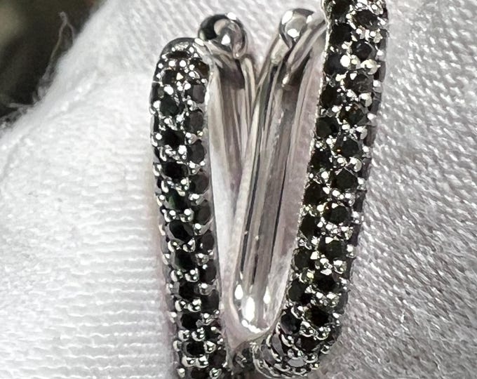 10K White Rose Yellow Black Gold Natural Black Diamond Rectangle Hoop Earrings / April Birthstone