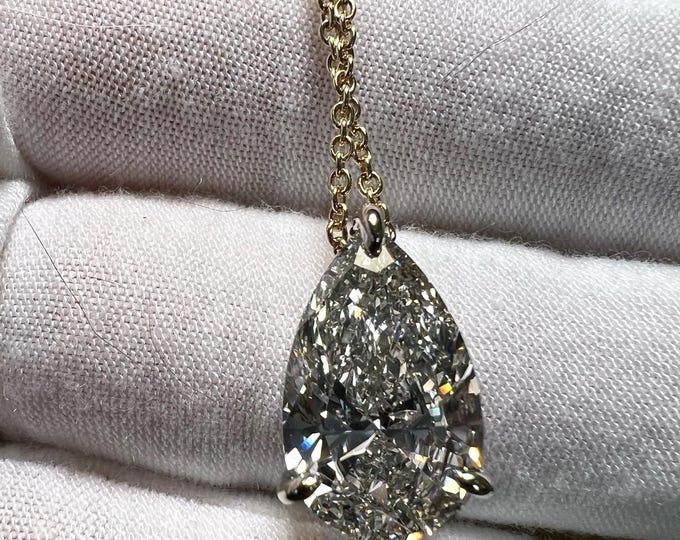 5CT Pear Lab Grown Diamond Pendant Necklace: 10K Gold Adjustable Chain