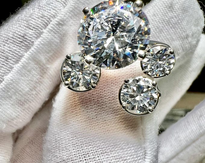 Certified 4.5CT Round Brilliant Cut Lab Grown Diamond & Three Diamond Open Band Bridal Set