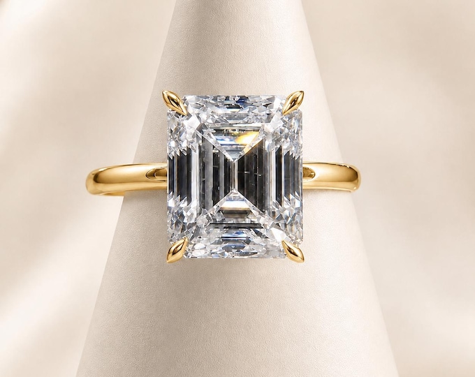 Emerald Cut Lab Diamond Engagement Ring, 5 CT F VVS2, 10K 14K Gold Solitaire Ring
