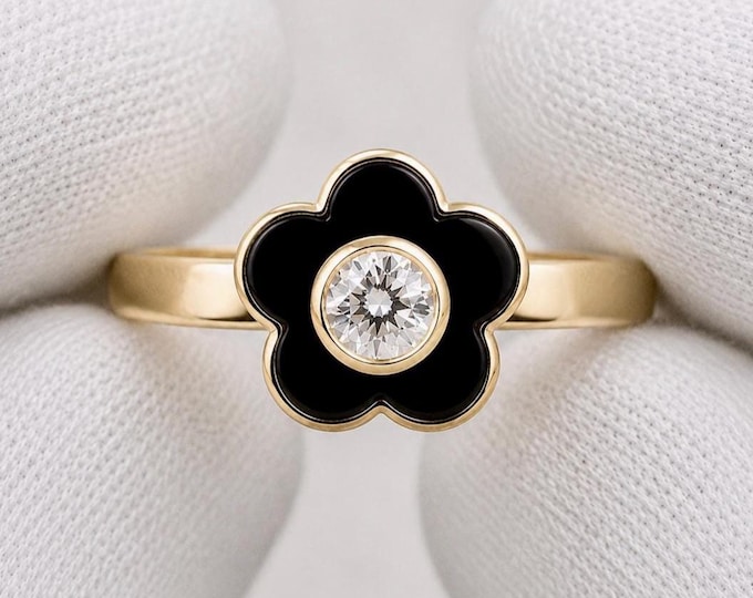Black Onyx Flower Ring, 1CT Lab Diamond, Modern Floral Solitaire, 10K 14K Gold Platinum