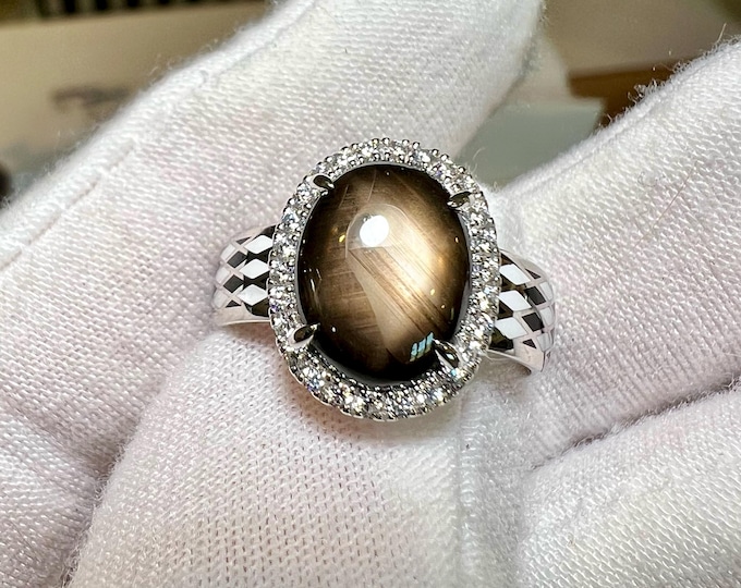 Natural 4CT Oval Black Star Sapphire Halo Harlequin Art Deco Ring