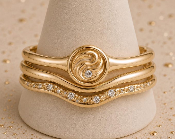 Wabi Sabi Gold Bridal Ring Set, Natural Diamond Wedding Stack, Poured Gold Engagement Band