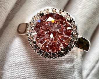 14K Gold 2CT Lab Grown Pink Diamond Halo Ring: Certified VVS2