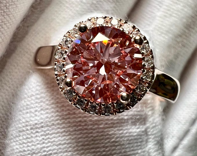 14K Gold 2CT Lab Grown Pink Diamond Halo Ring: Certified VVS2