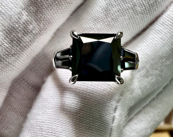 10K White Gold 6CT Princess Natural Black Diamond & Baguettes Engagement Ring / April Birthstone
