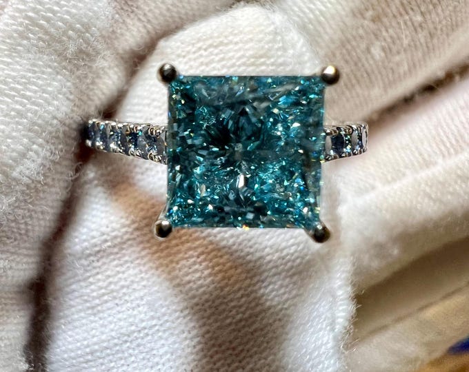 2CT Green Blue Princess Cut Lab Diamond Engagement Ring, Certified VS1, 10K 14K White Gold