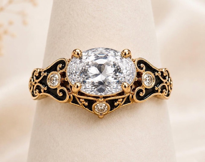 Oval Diamond Engagement Ring 3 Carat | Vintage Gold & Black Enamel Ring | Art Nouveau Engagement Ring | Unique Oval Solitaire Ring