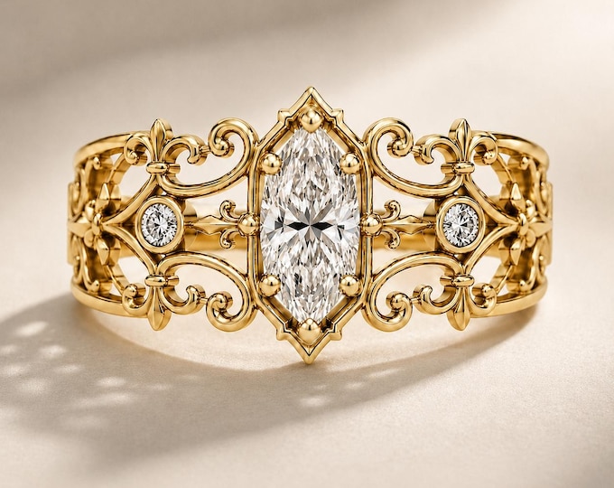 3 Carat Hexagon Lab Diamond Ring, Gothic Victorian Filigree Engagement Ring
