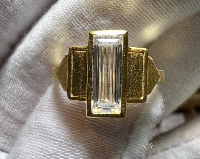 14K Brushed Gold Baguette Lab Grown Diamond Art Deco Engagement Ring