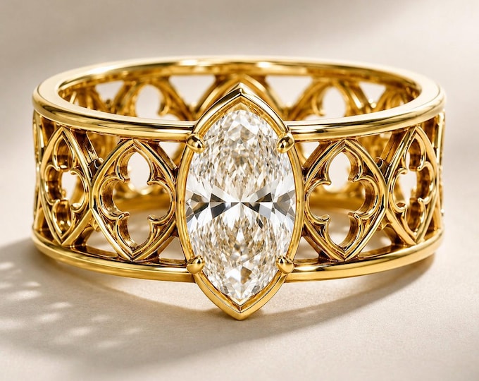 3 Carat Marquise Lab Grown Diamond Ring, Gothic Filigree Engagement Ring, Cathedral Inspired Gold Style