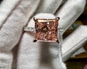 4CT Pink Lab Diamond Ring, Princess Cut Engagement Ring, Rose Gold Basket, White Gold Diamond Band, Fancy Pink Diamond Ring
