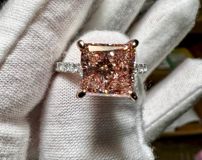 14K Rose & White Gold 4CT Princess Cut Pink Lab Grown Diamond Engagement Ring