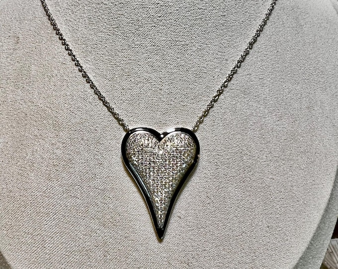 Art Deco French Pave Diamond Black Enamel Halo Heart Pendant Necklace