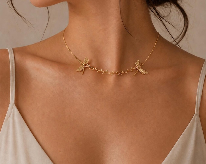 Gold Dragonfly Vine Necklace, Nature Inspired Choker Pendant