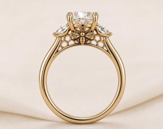 Bee Engagement Ring, 3CT Oval Lab Grown Diamond, Honeycomb Solitaire Proposal Ring