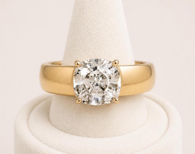 3 Carat Lab Grown Diamond Ring, 4mm Cigar Band Engagement Ring, Solid Gold Solitaire Ring, Round Diamond Ring, Modern Heirloom Ring