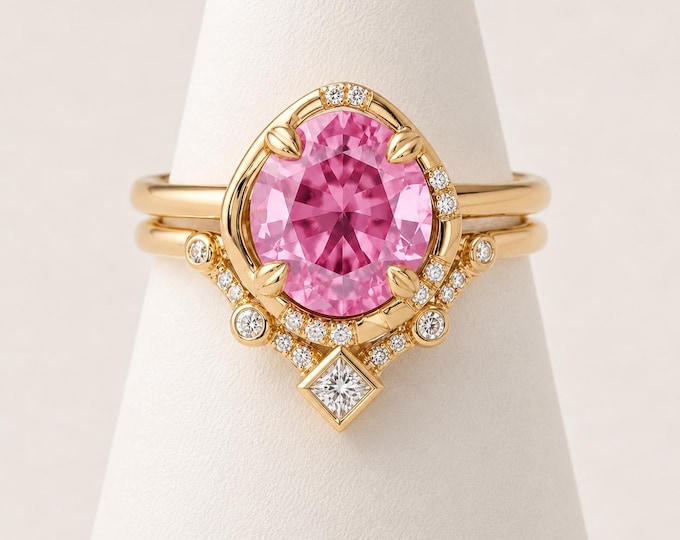 4 Carat Fancy Pink Diamond Bridal Set, Vintage Petal Prong Engagement Ring