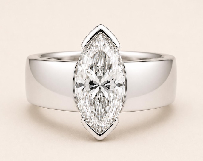 4 Carat Marquise Lab Diamond Ring, 7mm Half Bezel Cigar Band, F VVS2 Diamond Engagement Ring, 14K Gold or Platinum