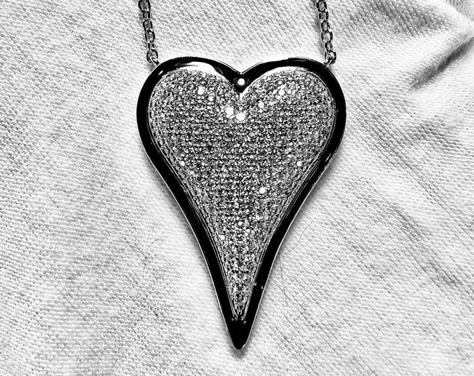 Art Deco French Pave Diamond Black Agate Halo Heart Pendant Necklace