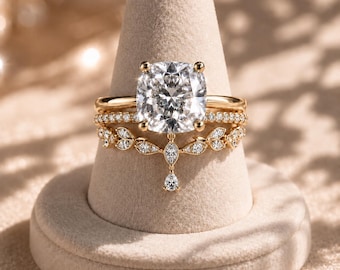 3.5CT Cushion Cut Lab Grown Diamond Bridal Set, 3 Ring Wedding Set, F VS1 Engagement Ring Stack, Stackable Bridal Rings, 10K 14K Gold