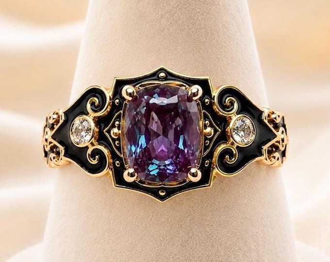 10K 14K Gold Color Change Lab Grown Alexandrite Ring, Vintage Baroque Style, Elongated Cushion