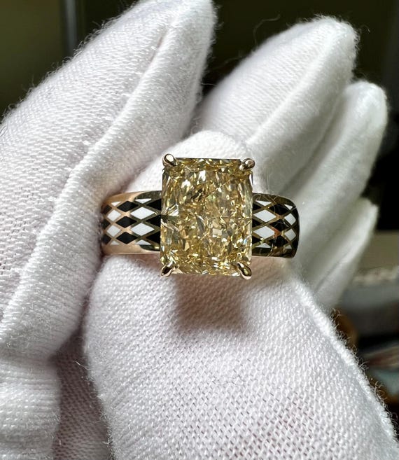 Lab Grown Fancy Yellow Diamond Ring: Art Deco Checkerboard