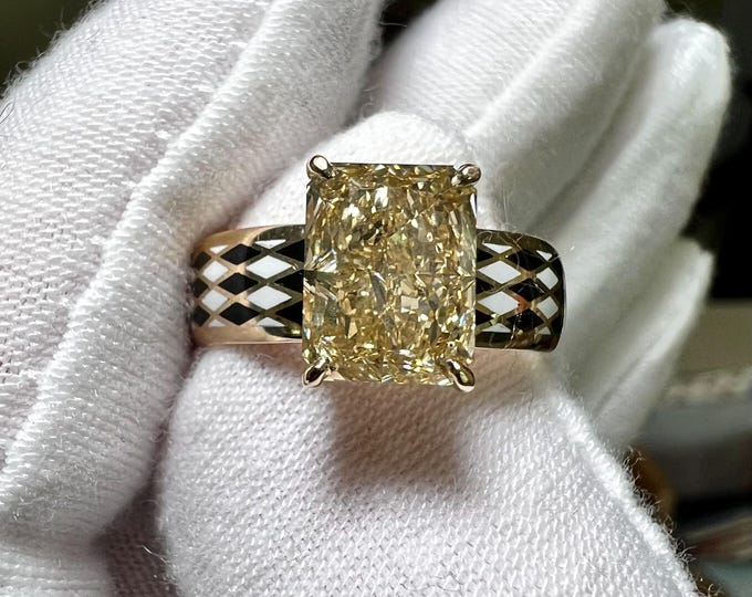 2.6CT Lab Grown Fancy Yellow Diamond Ring: Art Deco Checkerboard, Size 7