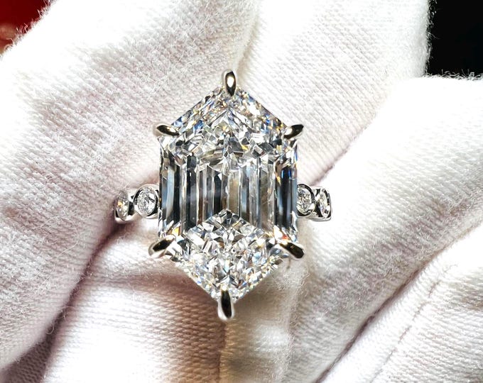 6CT Hexagon Lab Grown Diamond Engagement Ring, E VVS2 Step Cut, Claw Set Solitaire