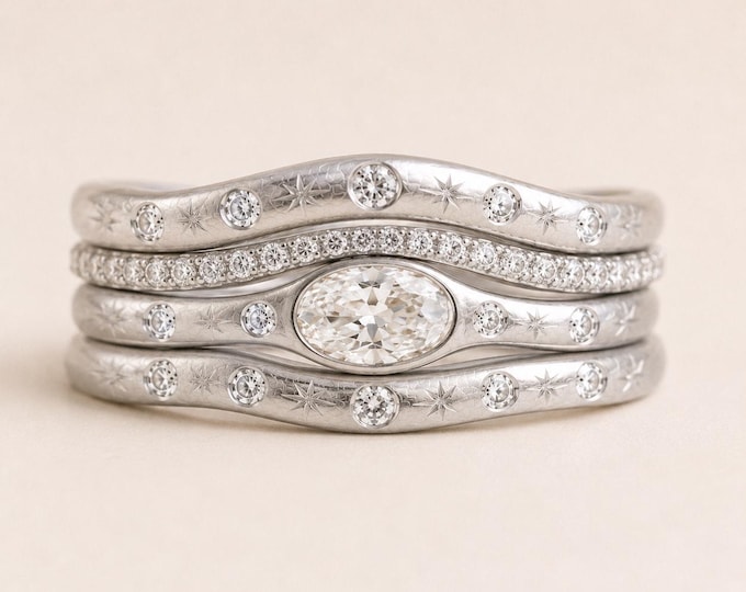 2 Carat Oval Lab Diamond Ring Set, Celestial Starburst Bridal Set, Curved Wedding Band