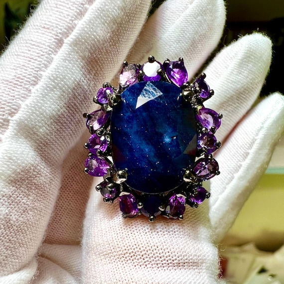 Natural 8.8CT Oval Blue Sapphire & Purple Amethyst Halo Black Rhodium Ring Size 8.5
