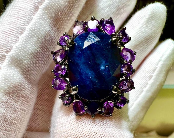 Natural 8.8CT Oval Blue Sapphire & Purple Amethyst Halo Black Rhodium Ring Size 8.5