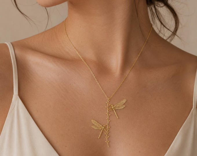 Gold Dragonfly Vine Necklace, Nature Inspired Pendant