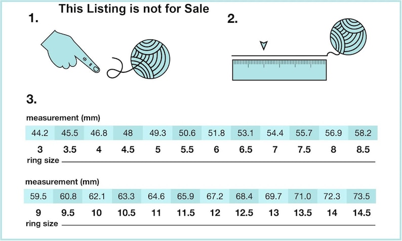 May include: Image showing ring size measurements in millimeters and corresponding ring sizes. The text "This Listing is not for Sale" is at the top. A finger is shown with a string wrapped around it, and a ruler is also shown.