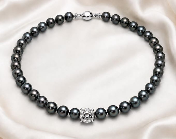 Tahitian Black Pearl Necklace with 3.5CT Lab Diamond, Fine Jewelry Strand