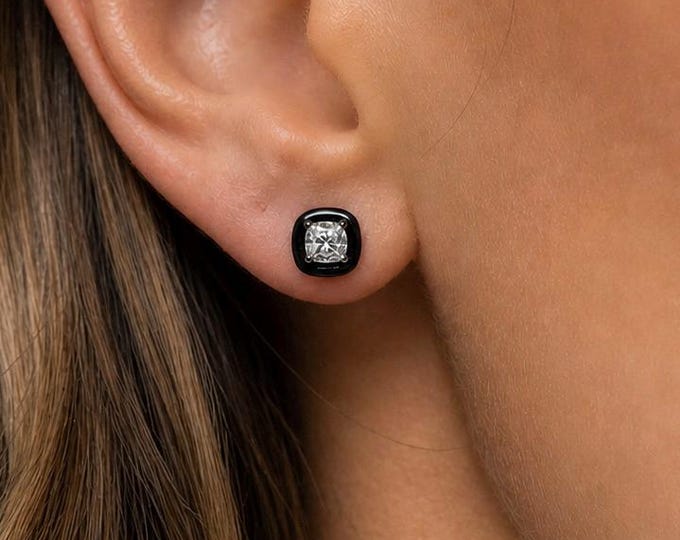 Black Onyx Cushion Cut Lab Diamond Stud Earrings, Art Deco Enamel Look Fine Jewelry
