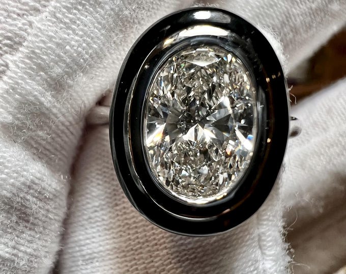 Art Deco Lab Grown Diamond Engagement Ring: 10K White Gold Black Enamel