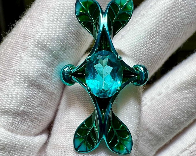 10K Gold Art Nouveau Engagement Ring: 2CT Lab Grown Paraiba, Painted Leaves