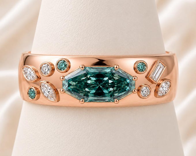 3CT Hexagon Blue Green Lab Diamond Ring | 14K Rose Gold Engagement Ring