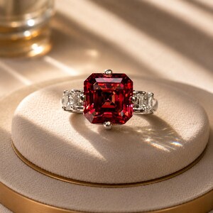 4CT Fancy Vivid Red Lab Grown Diamond Ring | Square Radiant Engagement Ring | Asscher Cut Diamond Three Stone Ring | 10K Gold Fine Jewelry