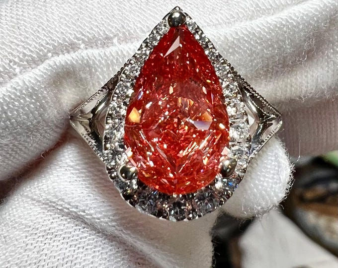 Same Day Ship! 14K White Gold Certified 3.5CT Pear Modified Brilliant Fancy Vivid Pink VS2 Lab Grown Diamond Halo Milgrain Ring Size 7.5