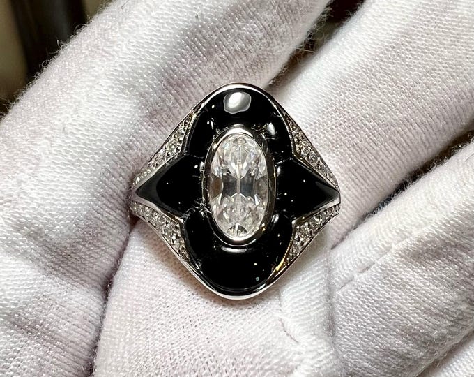 Art Deco Black Enamel Lab Grown Diamond Engagement Ring