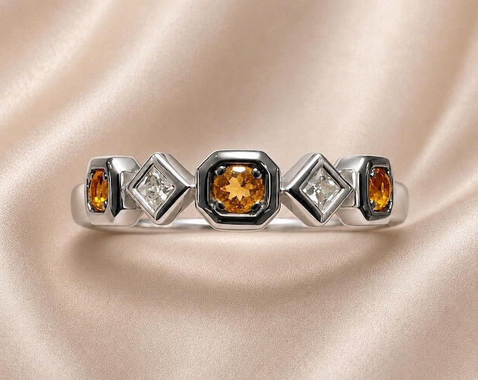 Art Deco Black Enamel Ring | Champagne White Lab Diamonds | Geometric Wedding Band 10K 14K