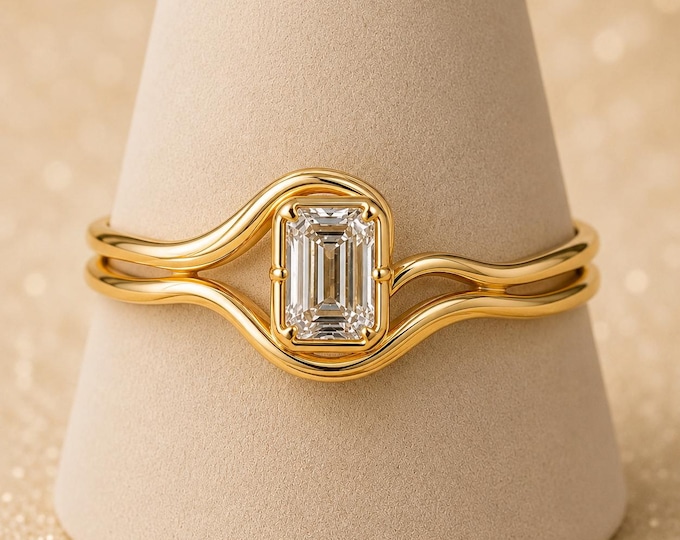Emerald Cut Lab Diamond Ring, Organic Poured Gold Engagement Ring, 10K Certified E VS2