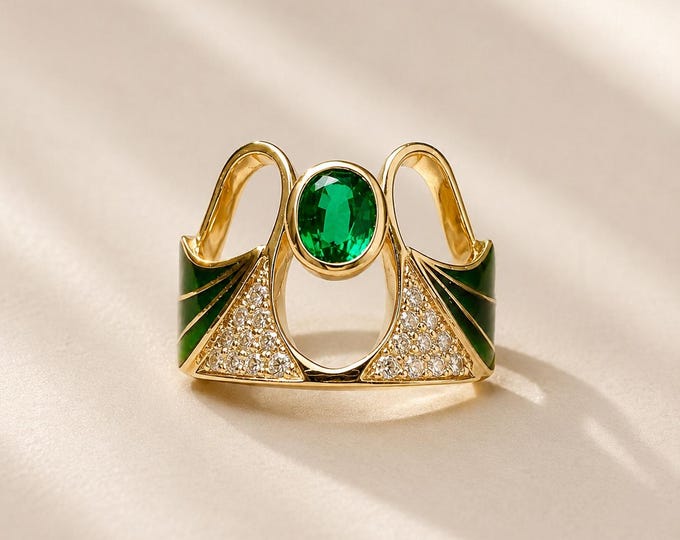 Art Deco Emerald Ring 14K Yellow Gold Enamel Ring, 1CT Oval Lab Emerald Statement Ring, Vintage Inspired Jewelry