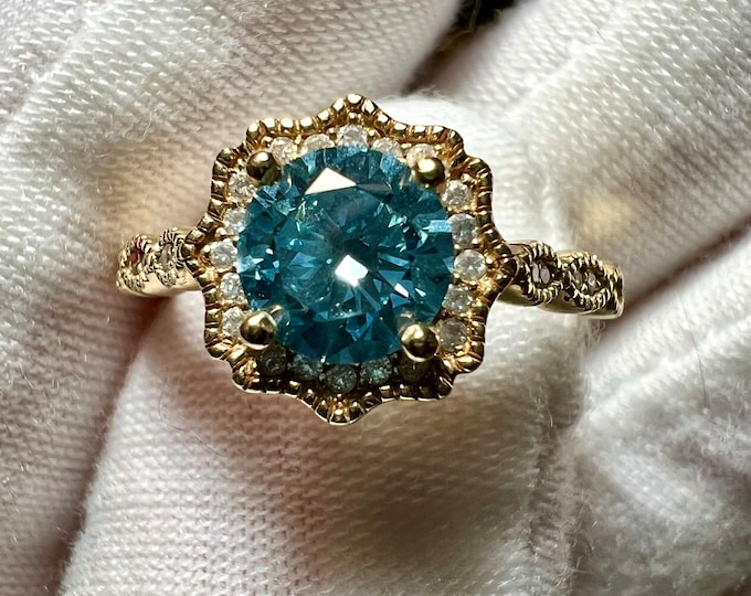 14K Yellow Gold Halo Engagement Ring: 0.99CT Lab Grown Vivid Blue Diamond