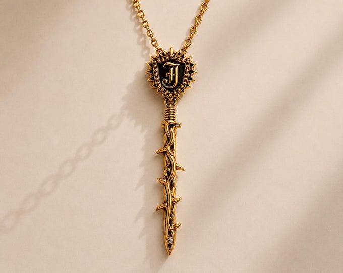Gothic Thorn Sword Pendant Necklace, Southern Gothic Monogram Jewelry, Sterling Silver Chain