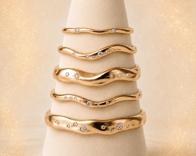 Poured Gold Wabi Sabi Stacking Rings, Organic Gold Diamond Band Set