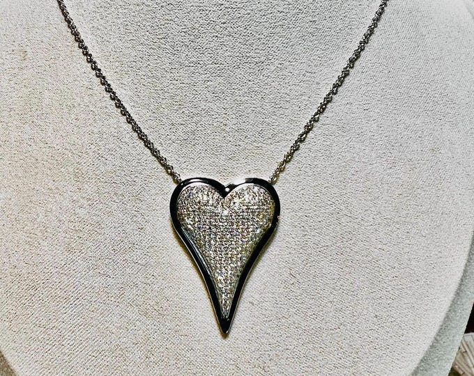 Art Deco French Pave Diamond Black Agate Halo Heart Pendant Necklace